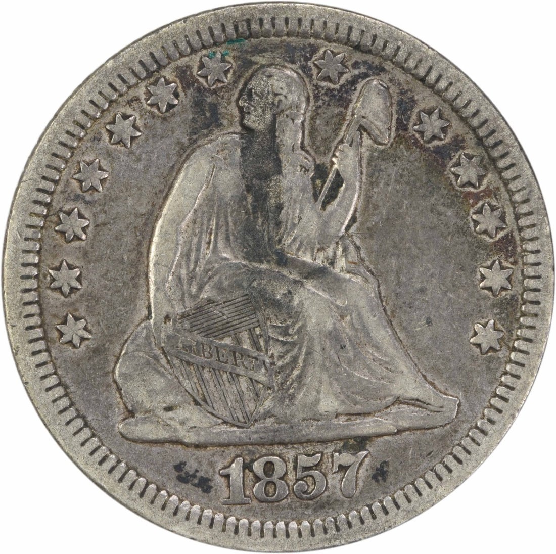 1857 Liberty Seated Silver Quarter VF Uncertified 25C: 1857 Liberty Seated Silver Quarter VF Uncertified 25C This 1857 Liberty Seated Silver Quarter is a remarkable piece of American history. Featuring the iconic Seated Liberty design, this quarter was mi