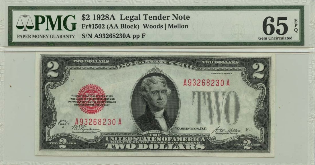 1928A $2 Legal Tender Note Fr# 1502 PMG Gem 65 EPQ: 1928A $2 Legal Tender Note Fr# 1502 PMG Gem 65 EPQ This 1928A $2 Legal Tender Note, designated as Fr# 1502, is graded PMG Gem 65 EPQ, ensuring its exceptional quality. The note is classified as uncirc