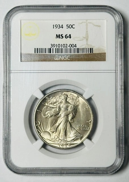 NGC MS64 1934 Silver Walking Liberty Half Dollar Coin: NGC MS64 1934 Silver Walking Liberty Half Dollar Coin This 1934 Walking Liberty Half Dollar is certified by NGC with a grade of MS 64, indicating it is in uncirculated condition. Struck in silver, thi