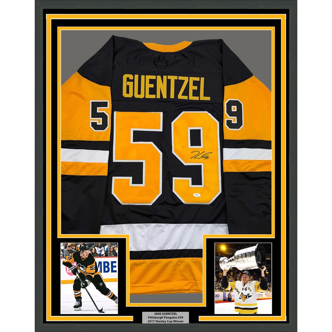 Framed Signed Jake Guentzel Jersey 35x39 Pittsburgh Penguins PSA COA: Framed Signed Jake Guentzel Jersey 35x39 Pittsburgh Penguins PSA COA Showcase your passion for hockey with this stunning framed autographed Jake Guentzel Pittsburgh Penguins jersey. This original item