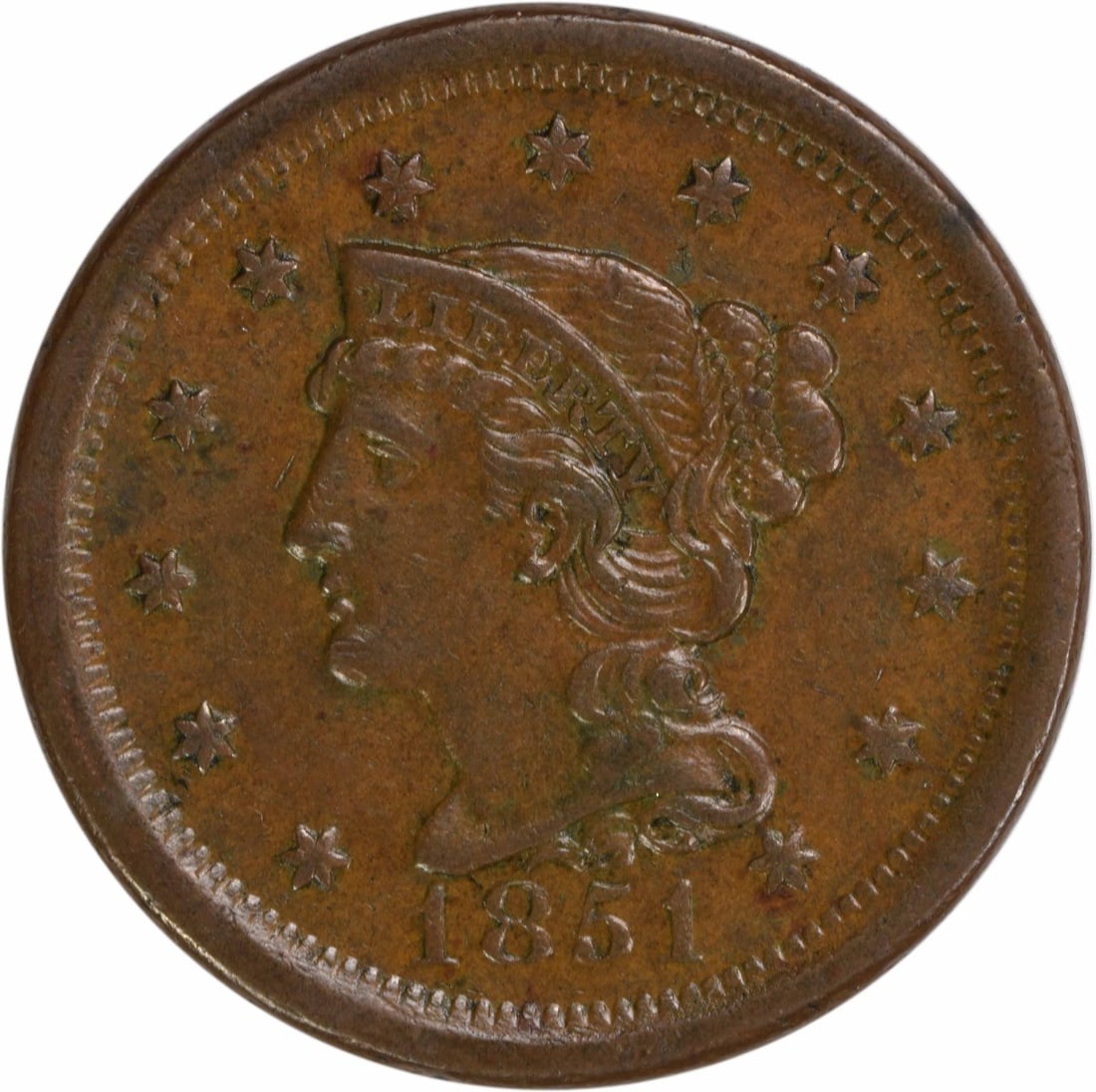 1851 Braided Hair Large Cent EF Copper Coin Philadelphia: 1851 Braided Hair Large Cent EF Copper Coin Philadelphia This 1851 Large Cent features a beautiful Braided Hair design by Christian Gobrecht, showcasing a rich history from the Philadelphia Mint. Grad
