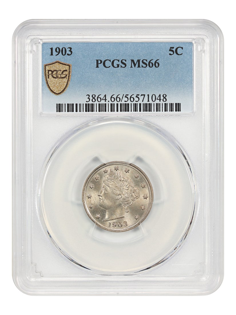 PCGS MS66 1903 Liberty Five Cent Nickel Uncirculated: PCGS MS66 1903 Liberty Five Cent Nickel Uncirculated This is a 1903 Liberty Nickel graded MS66 by PCGS. It is an uncirculated 5-cent coin from the Philadelphia Mint, part of the Liberty Nickel series.