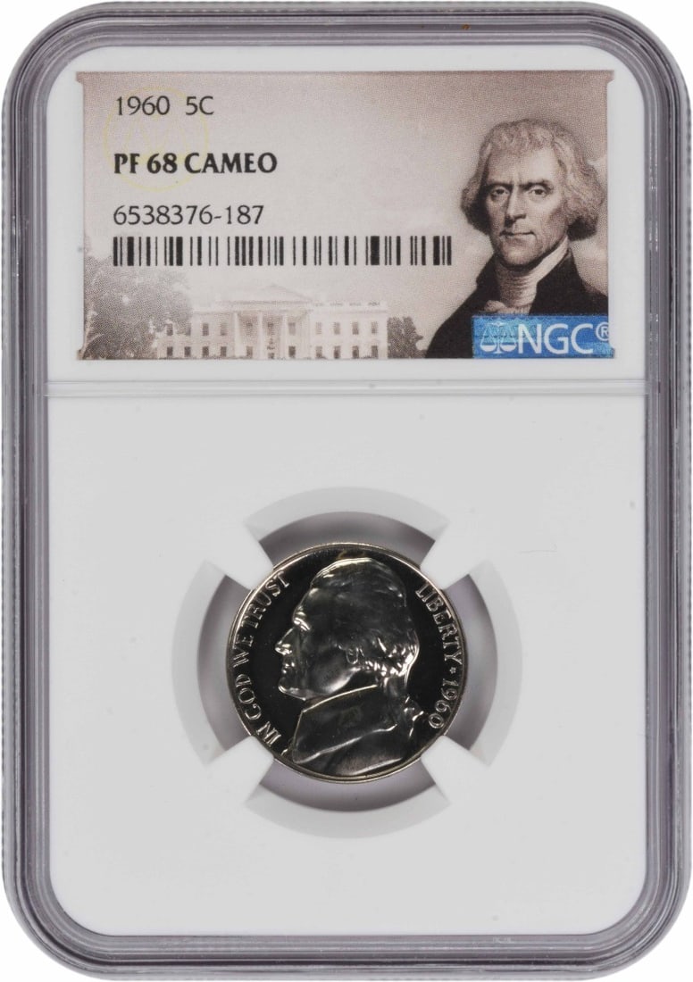 NGC PR68 Cameo 1960 Jefferson Proof Nickel Philadelphia: NGC PR68 Cameo 1960 Jefferson Proof Nickel Philadelphia This is a 1960 Jefferson Nickel from the United States, graded PR68 CAM by NGC. Struck as a proof coin at the Philadelphia Mint, it features a c