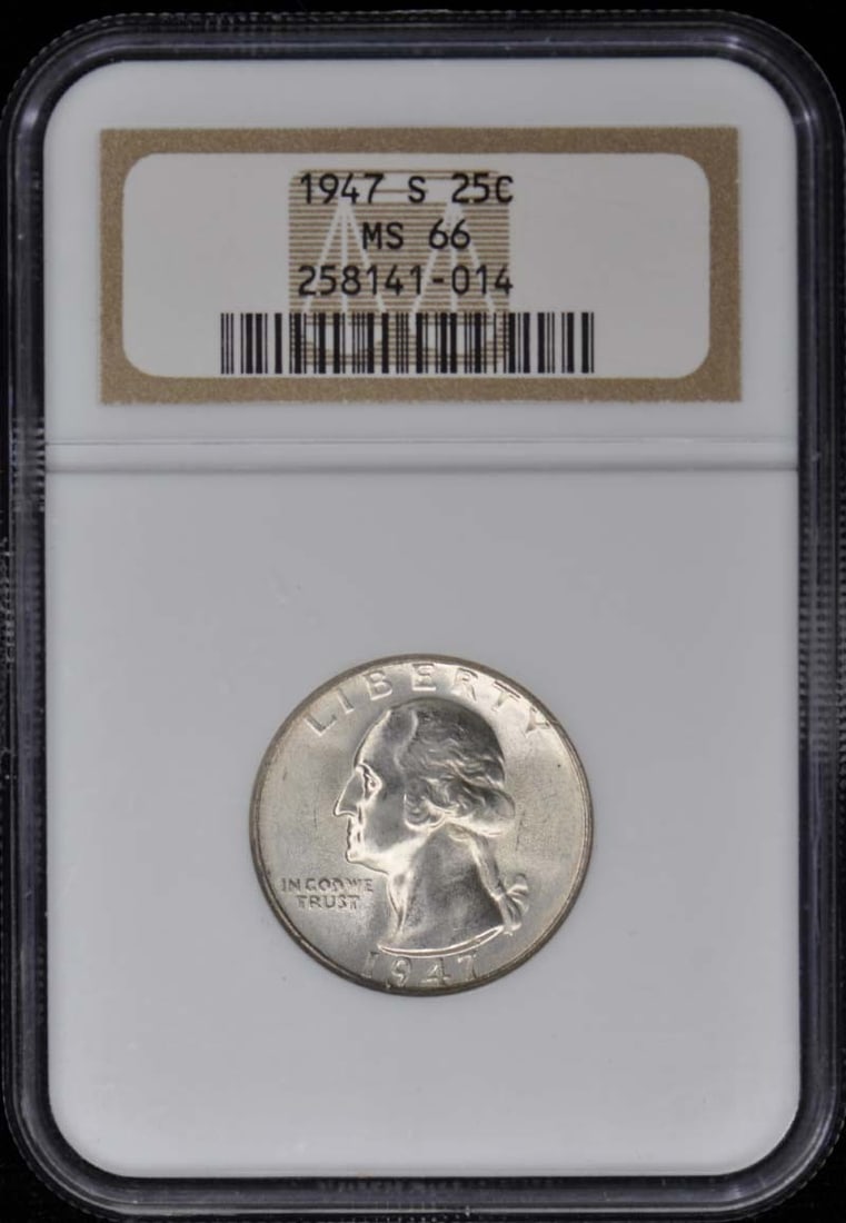 1947-S NGC MS66 Washington Quarter Uncirculated San Francisco: 1947-S NGC MS66 Washington Quarter Uncirculated San Francisco This 1947-S Washington Quarter is a remarkable collectible, certified by NGC with a grade of MS66, indicating its uncirculated condition. 