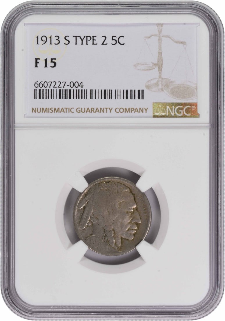 NGC Graded 1913 San Francisco Buffalo Nickel Type 2 Five Cent Coin: NGC Graded 1913 San Francisco Buffalo Nickel Type 2 Five Cent Coin This is a 1913-S Buffalo Nickel Type 2 graded F15 by NGC. The coin is circulated and features the iconic design by James Earle Fraser