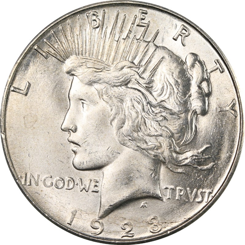 1923 San Francisco Mint Silver Peace Dollar Coin: 1923 San Francisco Mint Silver Peace Dollar Coin This is a 1923-S Peace Dollar from the United States, minted in San Francisco. The coin is composed of silver with a fineness of 0.9. It is circulated 
