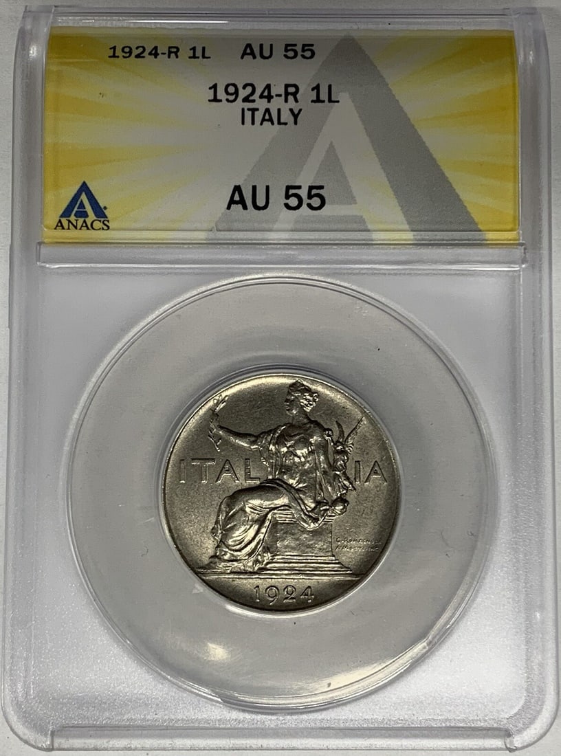 Italy 1 Lira 1924-R ANACS AU 55 Certified Coin: Italy 1 Lira 1924-R ANACS AU 55 Certified Coin This is a 1924-R Italy 1 Lira coin that has been certified by ANACS with a grade of AU 55. The coin originates from Italy and is in pre-owned condition. 