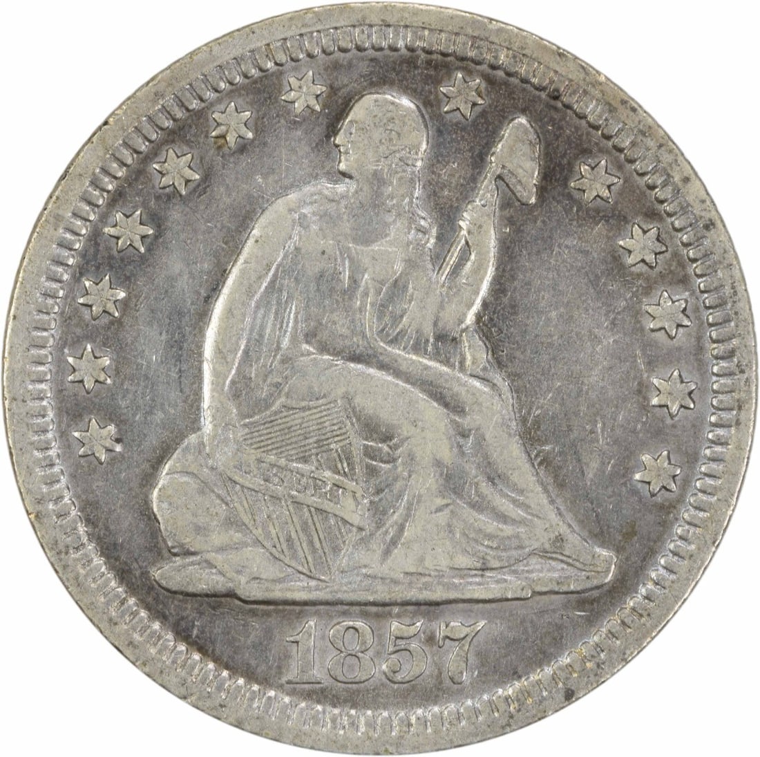 1857 Liberty Seated Quarter 25C Choice VF Uncertified Philadelphia: 1857 Liberty Seated Quarter 25C Choice VF Uncertified Philadelphia This 1857 Liberty Seated Quarter is a remarkable piece for any numismatic collection. Featuring the iconic Seated Liberty design by R