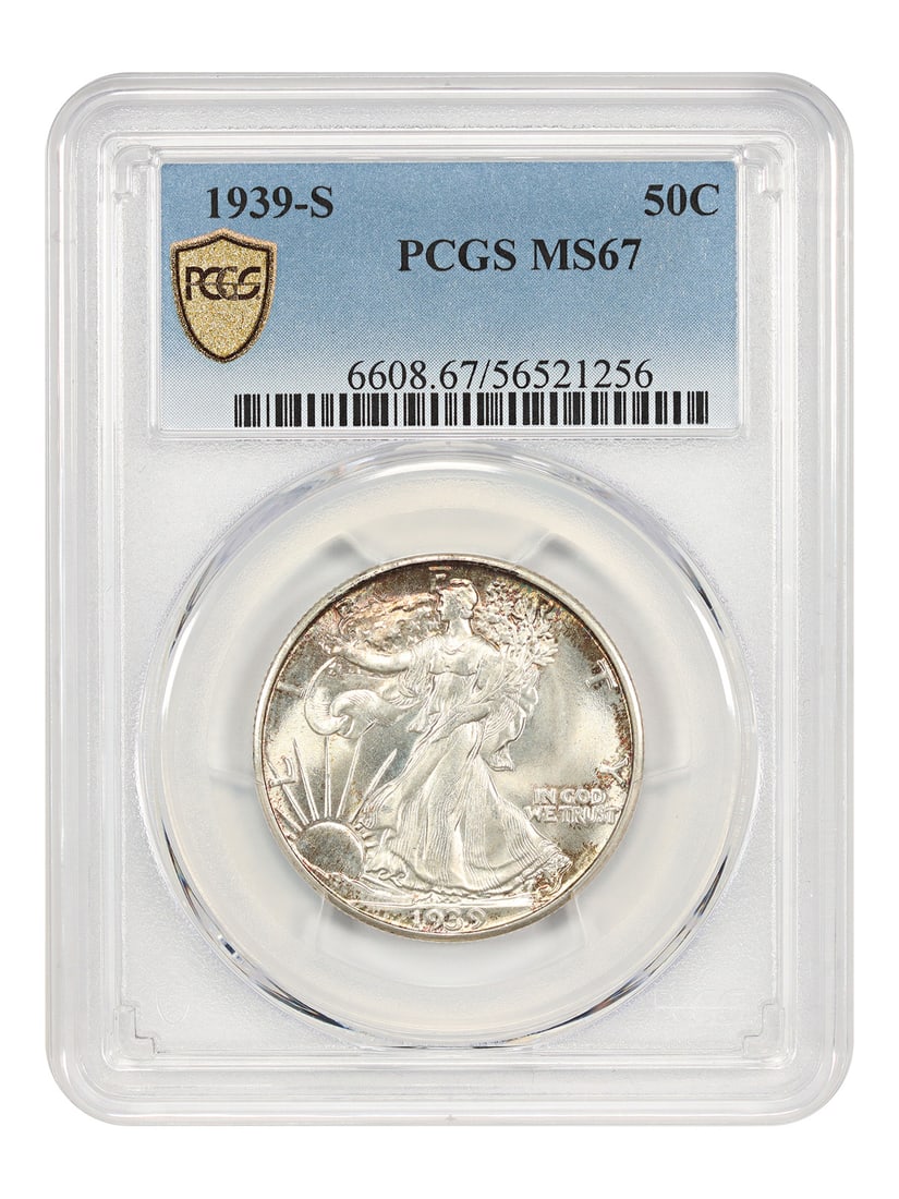 PCGS MS67 1939 San Francisco Walking Liberty Half Dollar 50C: PCGS MS67 1939 San Francisco Walking Liberty Half Dollar 50C This 1939-S Walking Liberty Half Dollar is certified by PCGS with a grade of MS67, indicating its uncirculated condition. Minted in San Fra