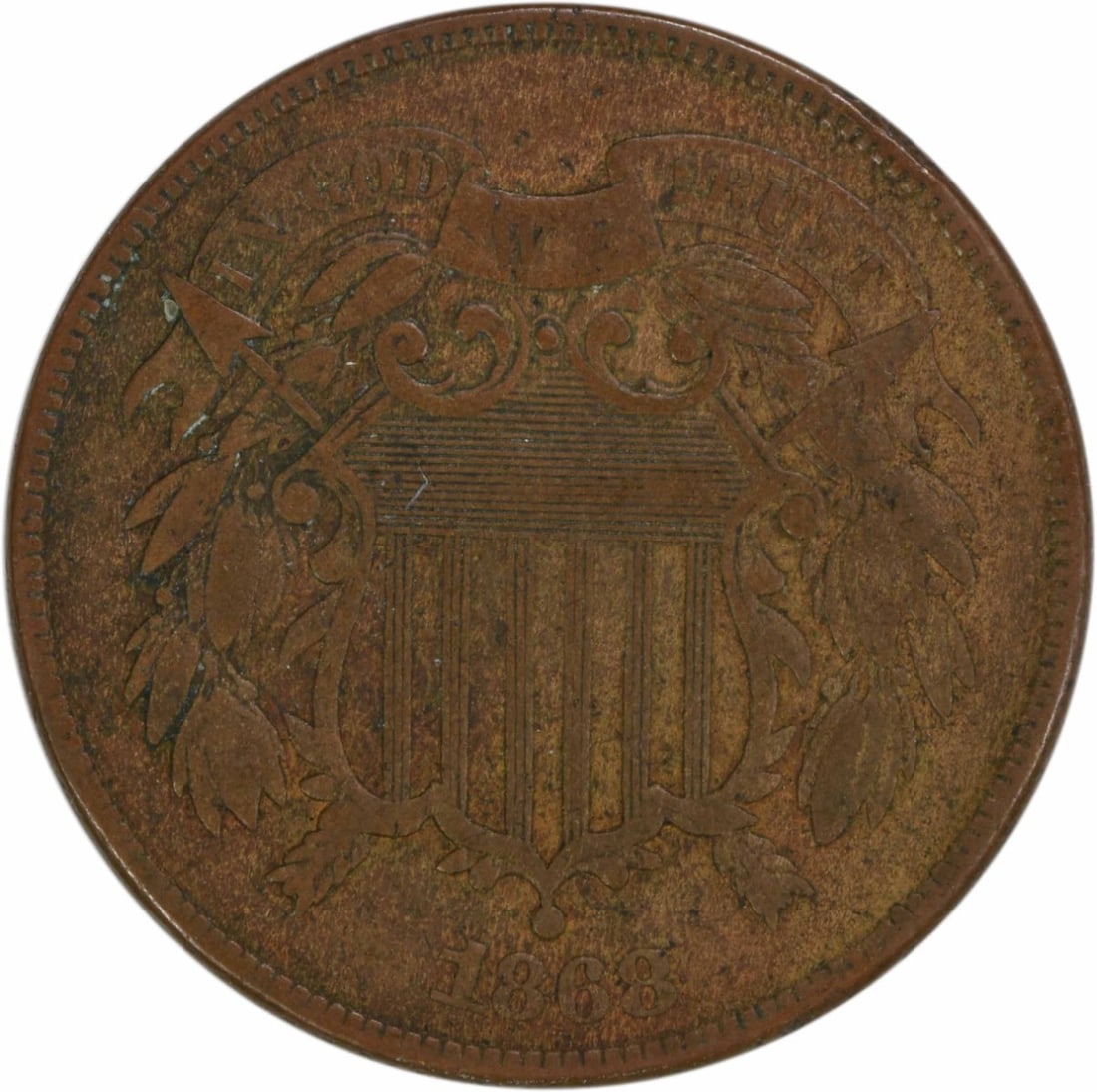 1868 Two Cent Piece VF Bronze Coin Philadelphia Mint: 1868 Two Cent Piece VF Bronze Coin Philadelphia Mint This 1868 Two Cent Piece is a remarkable piece of numismatic history, featuring a grade of Very Fine (VF). Minted in Philadelphia, this circulated 