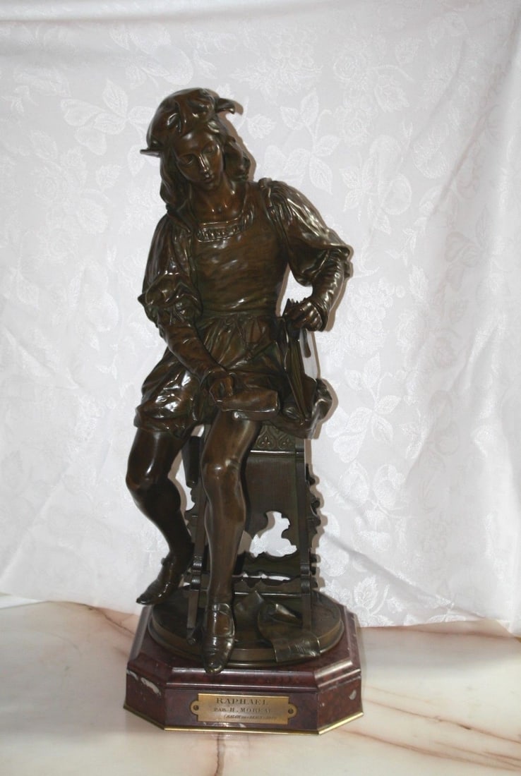 19C French Patinated Bronze Raphael by Hyppolyte Moreau on Marble Base: 19C French Patinated Bronze Raphael by Hyppolyte Moreau on Marble Base This exquisite 19th Century French patinated bronze figure of Raphael is crafted by the renowned artist Hyppolyte Moreau (1835-18