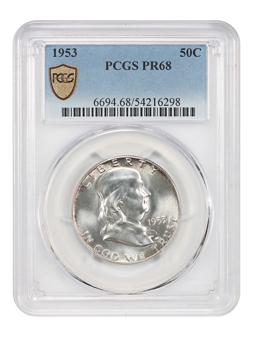 1953 Proof Franklin Half Dollar PCGS PR68 Philadelphia: 1953 Proof Franklin Half Dollar PCGS PR68 Philadelphia This 1953 Franklin Half Dollar has been certified by PCGS with a PR68 grade, indicating its uncirculated condition. The coin features gentle toni