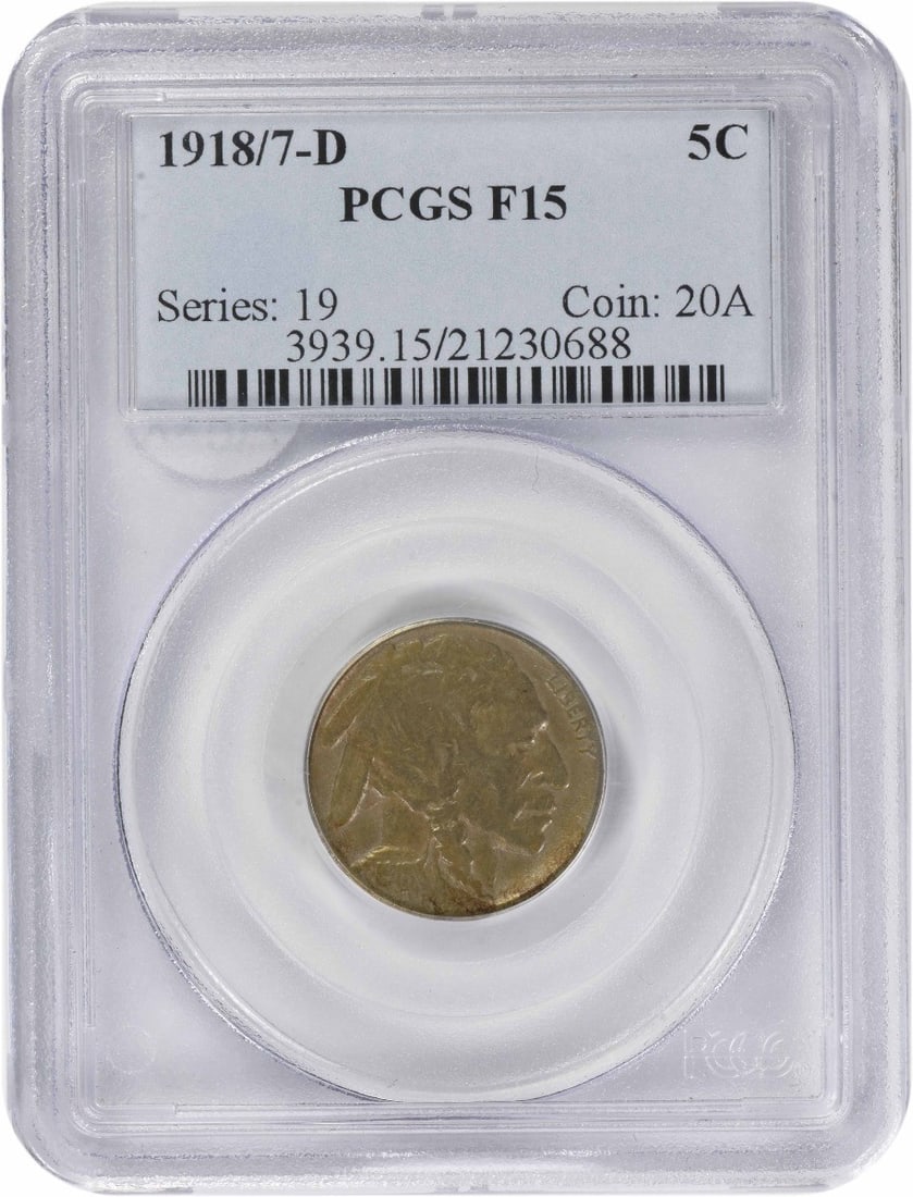 PCGS Graded 1918 Over 7 Denver Buffalo Nickel Five Cent Coin F15: PCGS Graded 1918 Over 7 Denver Buffalo Nickel Five Cent Coin F15 This 1918/7-D Buffalo Nickel is certified by PCGS and graded as F15. Struck at the Denver Mint, it is composed of 75% copper and 25% ni