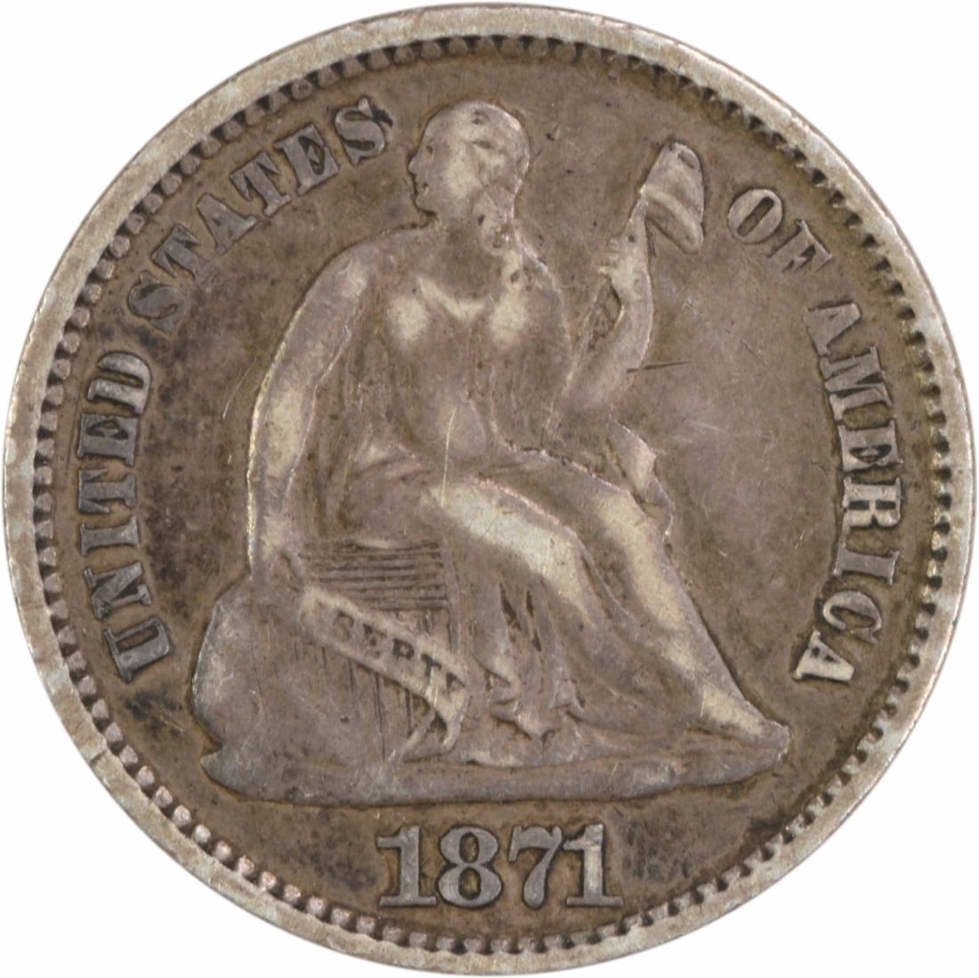 1871 Liberty Seated Half Dime 90% Silver Uncertified: 1871 Liberty Seated Half Dime 90% Silver Uncertified This 1871 Liberty Seated Silver Half Dime is a beautiful example of American coinage, showcasing the artistry of designer Christian Gobrecht. With 
