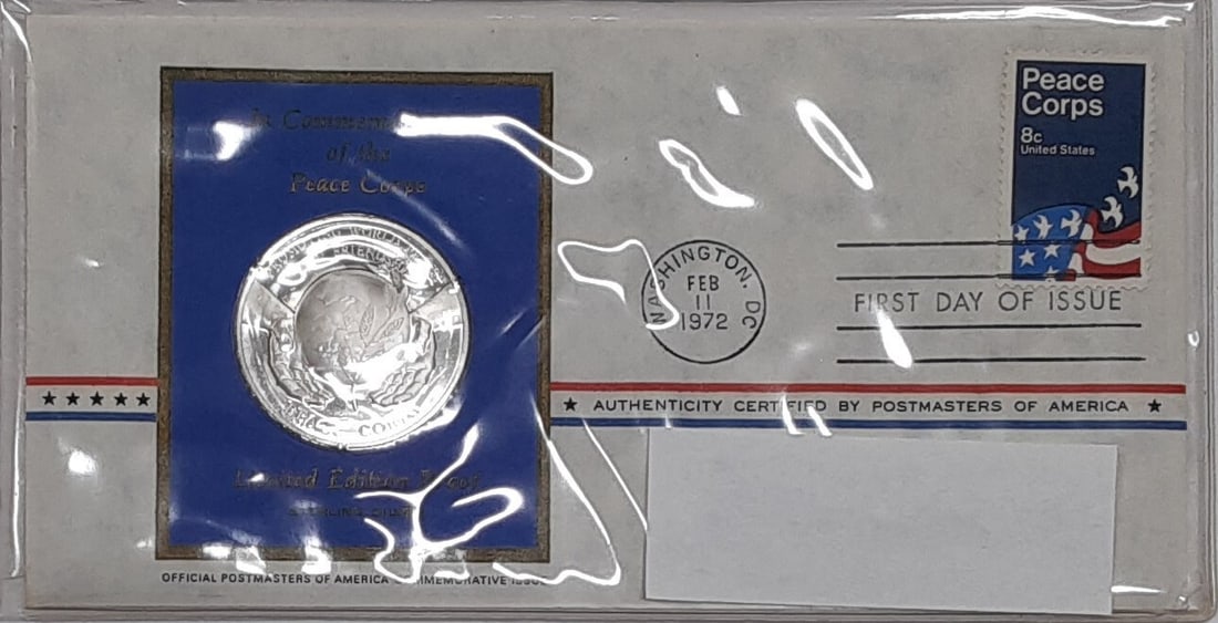 Peace Corps 1972 Sterling Silver Commemorative Medal from Postmasters of America: Peace Corps 1972 Sterling Silver Commemorative Medal from Postmasters of America This 1972 Postmasters of America commemorative medal honors the Peace Corps and is crafted in sterling silver with a fi