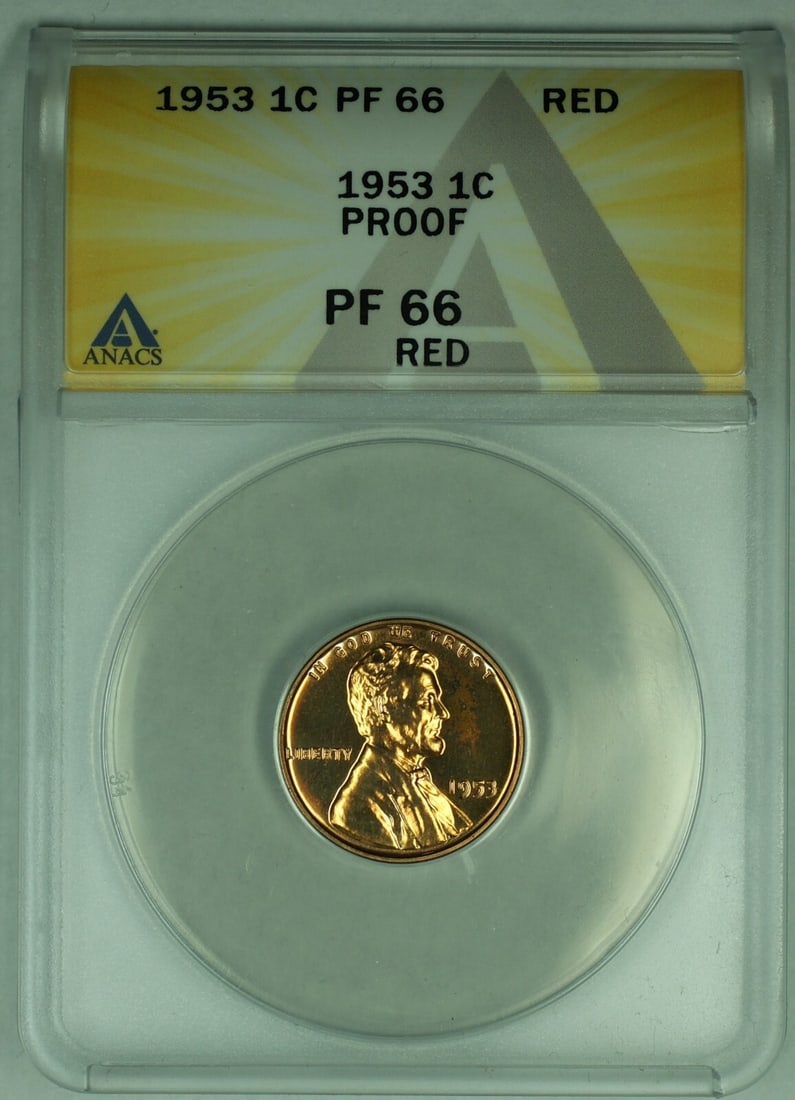 ANACS PR 66 Red 1953 Proof Lincoln Wheat Small Cent Coin: ANACS PR 66 Red 1953 Proof Lincoln Wheat Small Cent Coin This 1953 Lincoln Wheat Cent is a proof coin graded PR 66 RD by ANACS. It features the classic wheat reverse design and is uncirculated, showca