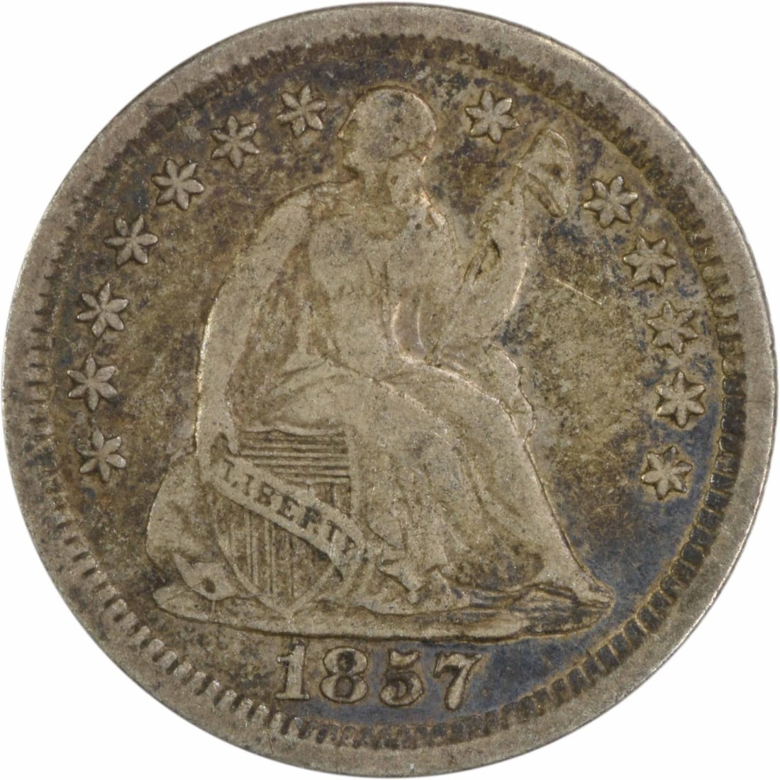 1857-O Liberty Seated Half Dime 90% Silver Uncertified Coin: 1857-O Liberty Seated Half Dime 90% Silver Uncertified Coin This 1857-O Liberty Seated Silver Half Dime features a vintage design by Christian Gobrecht, representing a significant piece of American nu