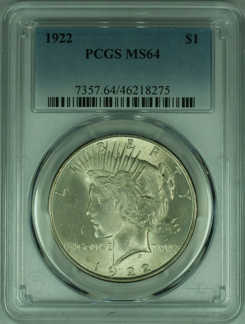1922 Peace Dollar Silver Coin PCGS MS 64 Philadelphia Mint: 1922 Peace Dollar Silver Coin PCGS MS 64 Philadelphia Mint This is a 1922 Peace Silver Dollar with a denomination of $1, certified by PCGS with a grade of MS-64. The coin is uncirculated and composed 