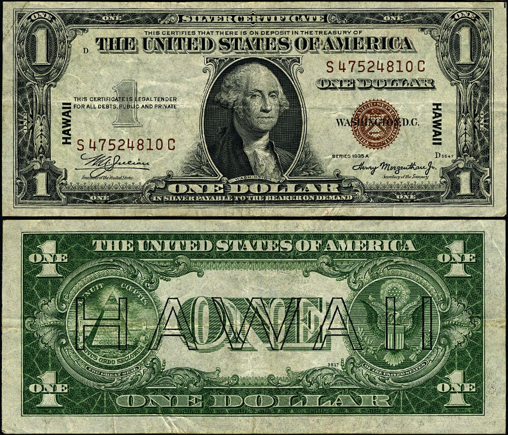 1935-A S-C Block Hawaii Emergency $1 Silver Certificate FR. 2300 VF+: 1935-A S-C Block Hawaii Emergency $1 Silver Certificate FR. 2300 VF+ This is a FR. 2300 $1 Hawaii Note from 1935-A, S-C Block. The note is circulated and graded VF+ (Very Fine Plus), featuring origina