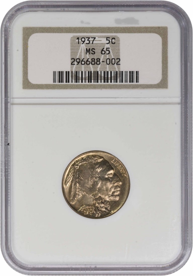 1937 Philadelphia Buffalo Nickel MS65 Graded by NGC: 1937 Philadelphia Buffalo Nickel MS65 Graded by NGC This 1937 Buffalo Nickel is graded MS65 by NGC and remains uncirculated. Struck in Philadelphia, this iconic United States coin was designed by Jame