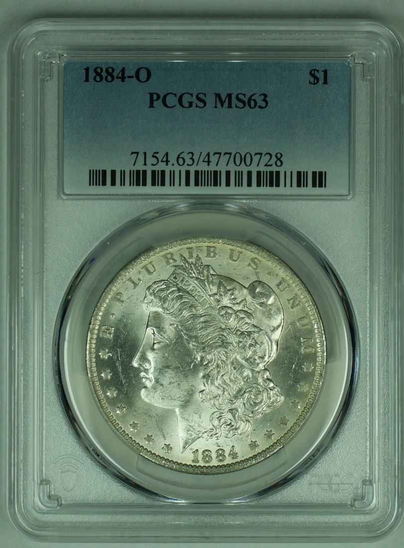PCGS MS 63 1884-O Morgan Silver Dollar Coin United States Certified: PCGS MS 63 1884-O Morgan Silver Dollar Coin United States Certified This is an 1884-O Morgan Silver Dollar coin graded MS 63 by PCGS. The coin is uncirculated and composed of silver. It originates fro
