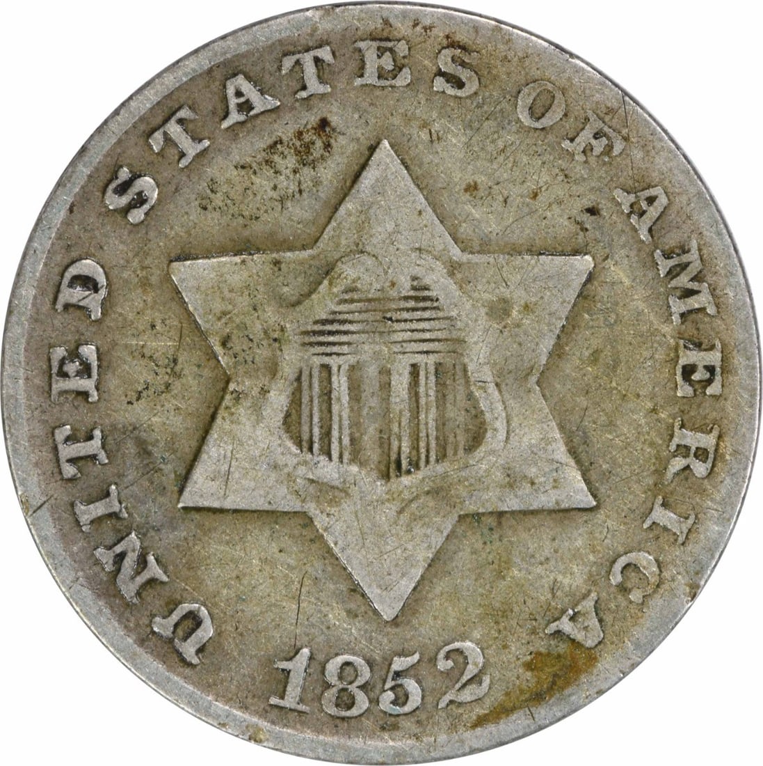 1852 Three Cent Silver Coin Uncertified F Grade Philadelphia: 1852 Three Cent Silver Coin Uncertified F Grade Philadelphia This 1852 Three Cent Silver coin is a notable piece from the United States, showcasing a grade of Fine (F). Minted in Philadelphia, it feat