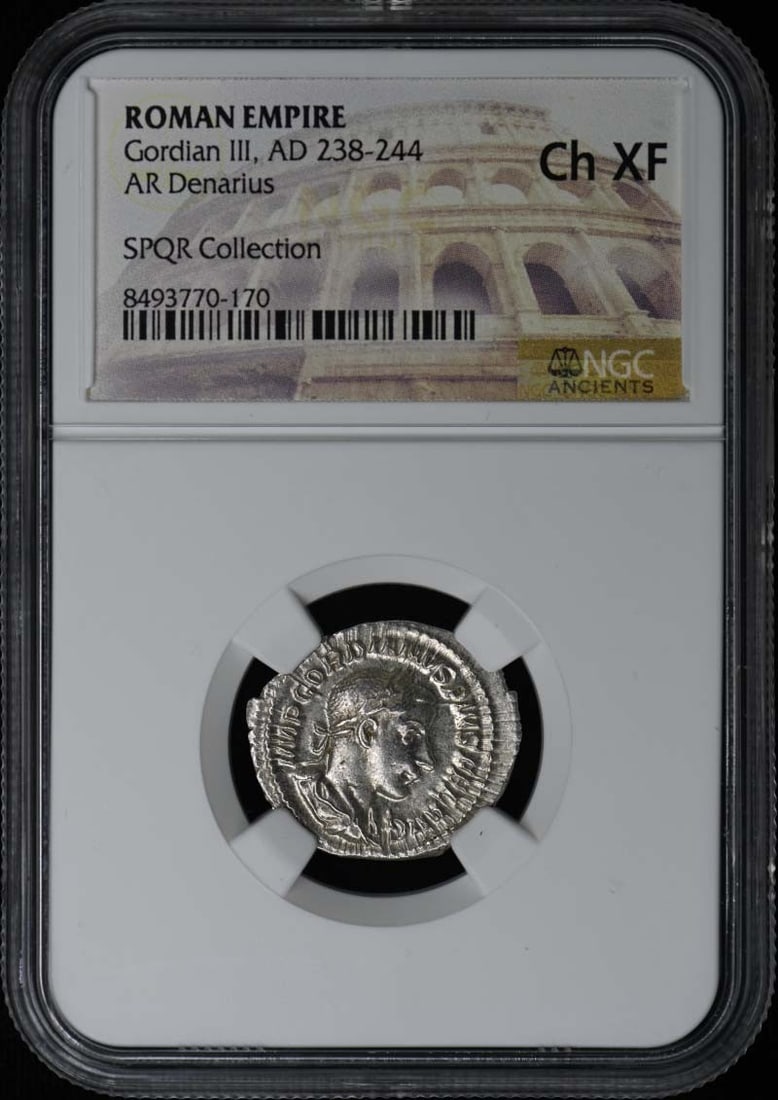 Roman Empire AR Denarius of Gordian III NGC Certified XF45: Roman Empire AR Denarius of Gordian III NGC Certified XF45 This Roman Empire AR Denarius coin dates from the reign of Gordian III, AD 238-244. It has been certified by NGC with a grade of Choice Extre