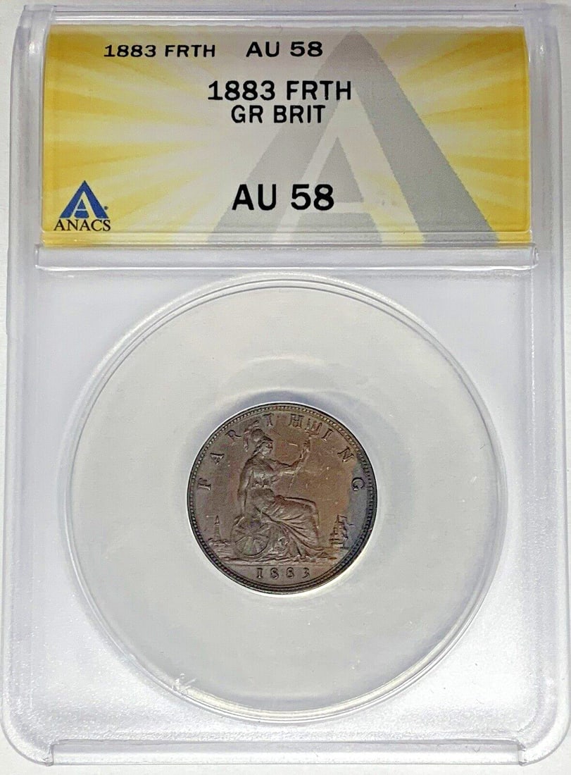 United Kingdom 1883 Farthing 1/4 Penny ANACS AU 58 Certified Coin: United Kingdom 1883 Farthing 1/4 Penny ANACS AU 58 Certified Coin This 1883 Great Britain Farthing coin is certified by ANACS with a grade of AU 58. It features a denomination of 1/4 penny and origina
