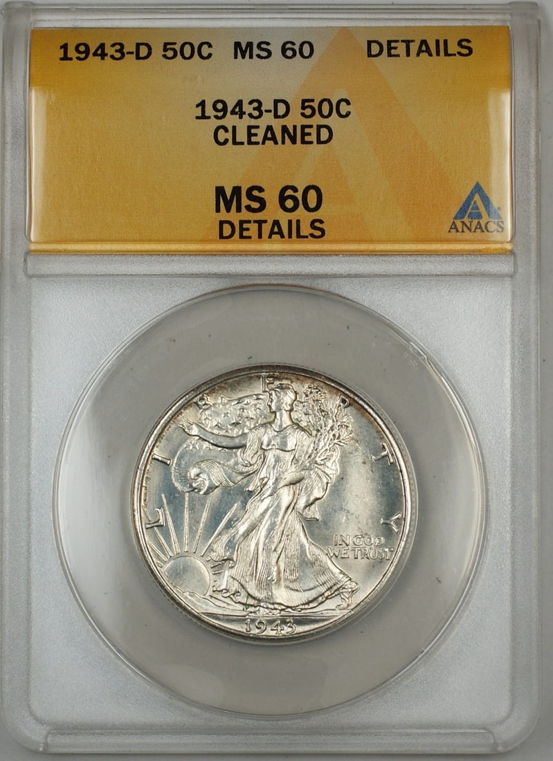 1943 Denver Liberty Half Dollar Silver 50C ANACS MS-60 Details Cleaned: 1943 Denver Liberty Half Dollar Silver 50C ANACS MS-60 Details Cleaned This 1943-D Walking Liberty Half Dollar is composed of 90% silver and was minted in Denver. The coin has been graded by ANACS as 