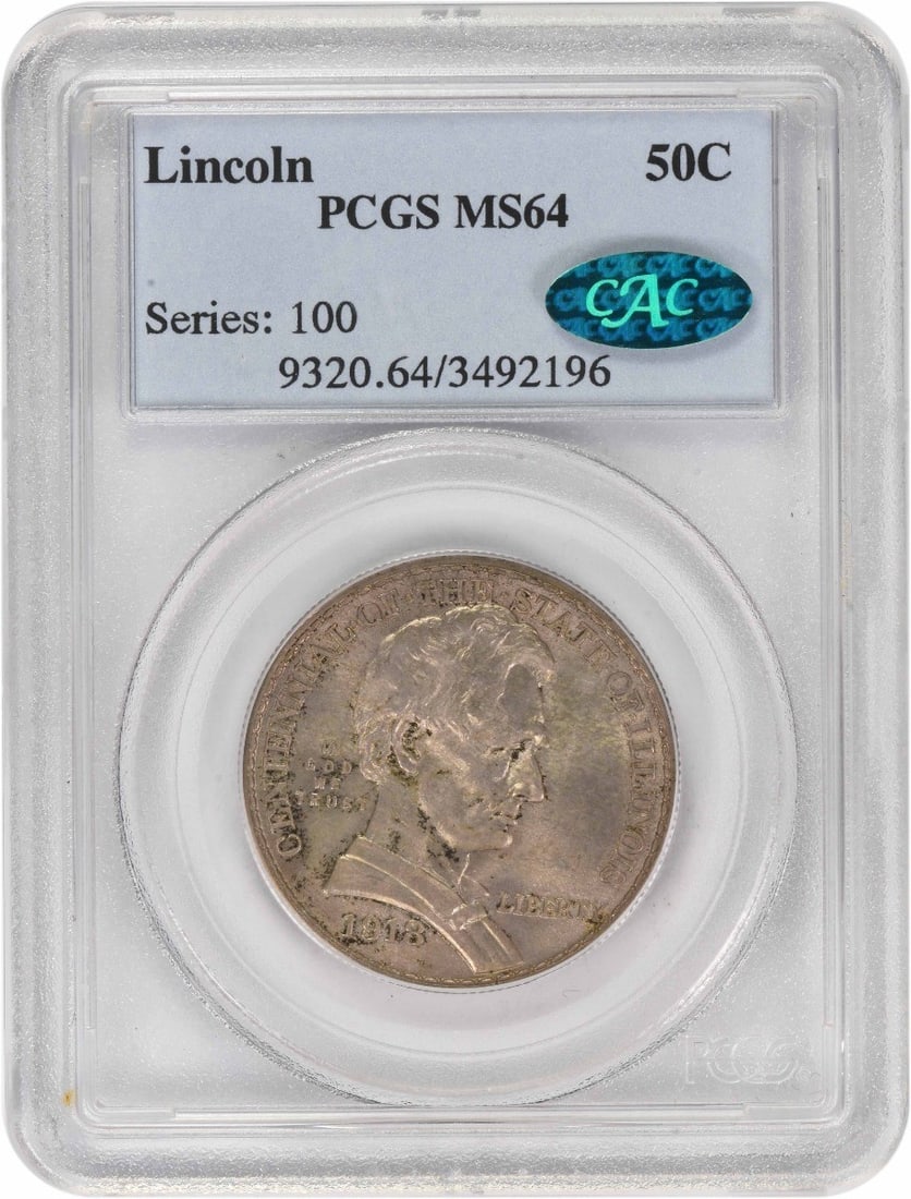 1918 Silver Half Dollar Commemorative MS64 PCGS CAC Certified: 1918 Silver Half Dollar Commemorative MS64 PCGS CAC Certified This Lincoln Commemorative Half Dollar from 1918 is graded MS64 by PCGS and features the CAC endorsement. Struck in silver, this uncircula