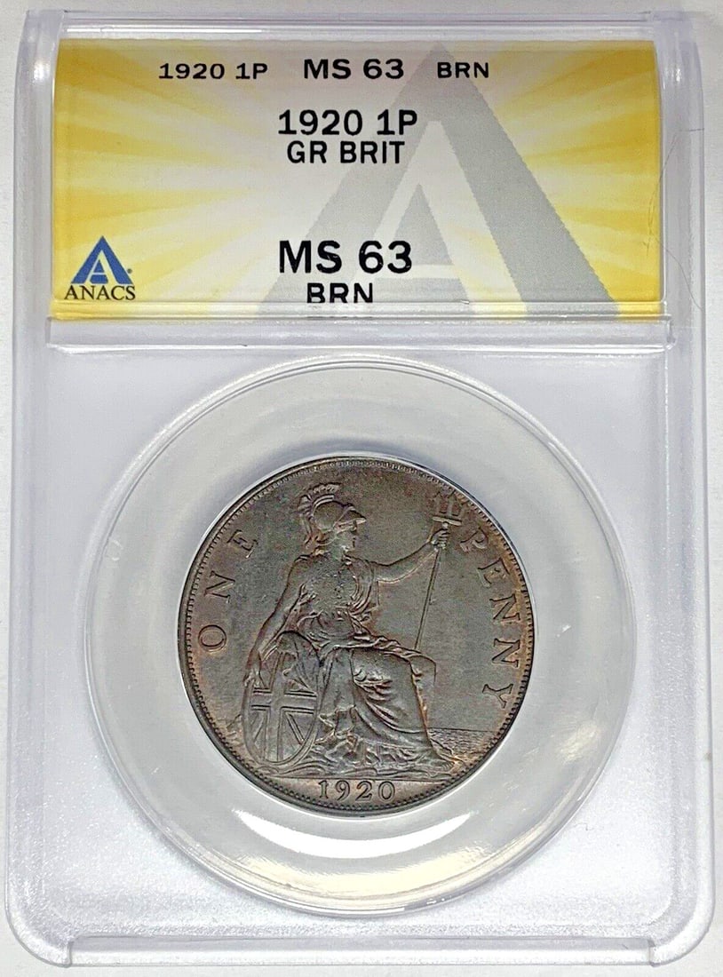 1920 United Kingdom Penny ANACS MS 63 Brown Certified Coin: 1920 United Kingdom Penny ANACS MS 63 Brown Certified Coin This 1920 Great Britain One Penny coin has been graded MS 63 BN by ANACS. It features the BN (brown) color designation and is a pre-owned col