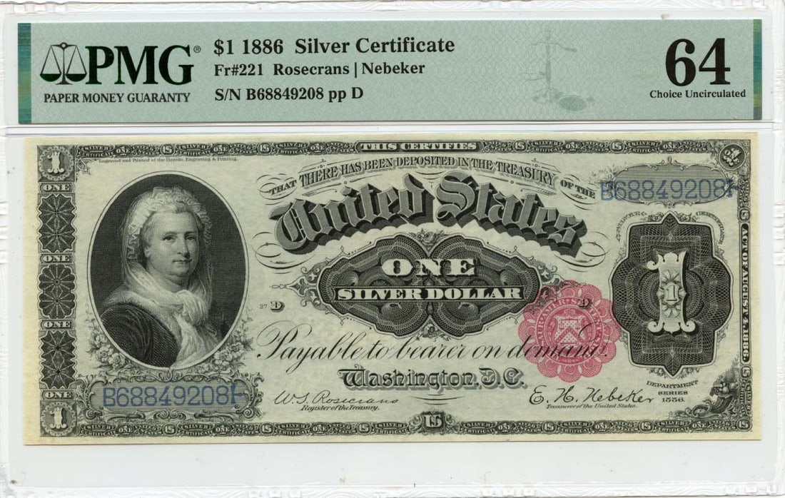 1886 $1 Silver Certificate Martha Washington PMG MS64: 1886 $1 Silver Certificate Martha Washington PMG MS64 This 1886 $1 Silver Certificate features an uncirculated grade of MS64, certified by PMG with the certification number 2296015007. The denominatio