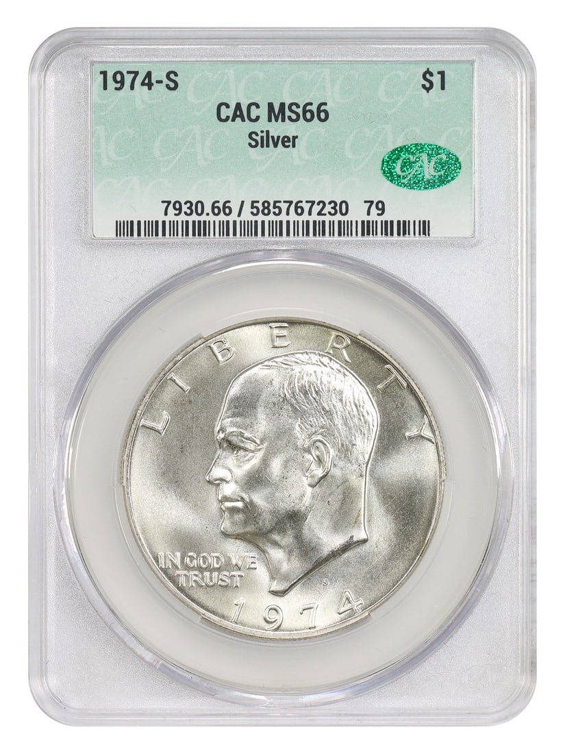 1974-S Eisenhower Dollar CACG MS66 Silver Coin .3161 oz: 1974-S Eisenhower Dollar CACG MS66 Silver Coin .3161 oz This 1974-S Ike Dollar is composed of .3161 oz of silver and has been graded MS66 by CACG. It is an uncirculated coin minted in San Francisco an