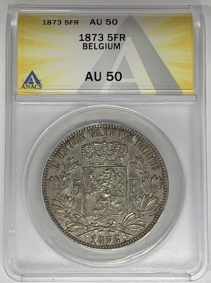 Belgium 1873 Silver 5 Francs ANACS AU 50 Certified Coin: Belgium 1873 Silver 5 Francs ANACS AU 50 Certified Coin This 1873 Belgium 5 Francs coin is composed of silver and has been certified by ANACS with a grade of AU 50. It is a pre-owned collectible from 