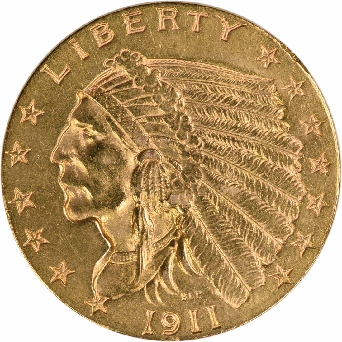 1911 Indian Head $2.50 Gold Coin AU Grade Uncertified: 1911 Indian Head $2.50 Gold Coin AU Grade Uncertified This 1911 $2.50 Indian Head gold coin, designed by Bela Lyon Pratt, was minted in Philadelphia. The coin features a composition of 90% gold and 10