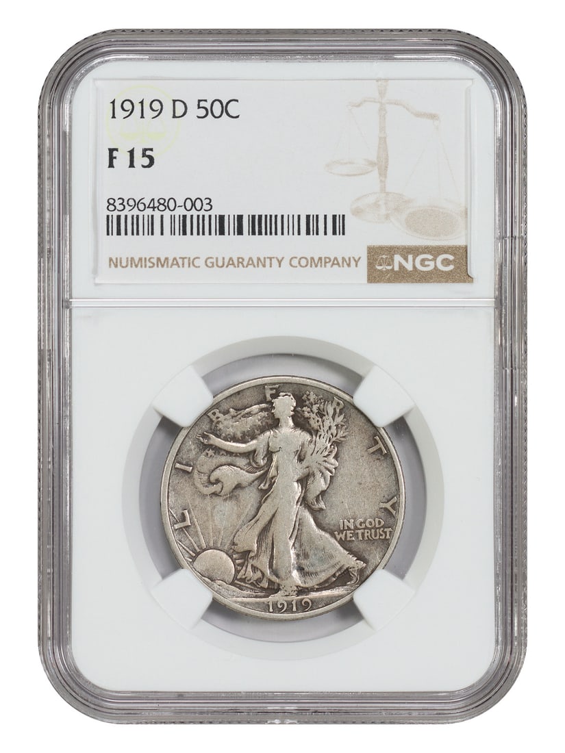 Key Date 1919-D Walking Liberty Half Dollar NGC Graded Fine 15: Key Date 1919-D Walking Liberty Half Dollar NGC Graded Fine 15 This is a 1919-D Walking Liberty Half Dollar graded Fine 15 by NGC. Issued from the Denver Mint, this circulated coin is recognized as a 