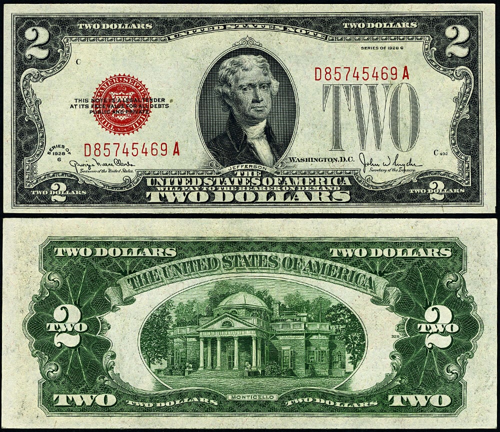 1928-G $2 Legal Tender FR. 1508 Choice CU+ Uncertified Note: 1928-G $2 Legal Tender FR. 1508 Choice CU+ Uncertified Note This 1928-G $2 Legal Tender note (FR. 1508) is in Uncirculated condition, graded as Choice CU+. The note features original paper quality wit