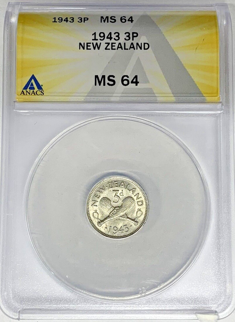 ANACS MS 64 1943 Three Pence Coin from New Zealand: ANACS MS 64 1943 Three Pence Coin from New Zealand This 1943 New Zealand 3 Pence coin has been graded MS 64 by ANACS. It is a pre-owned collectible coin from New Zealand with a denomination of 3 Pence