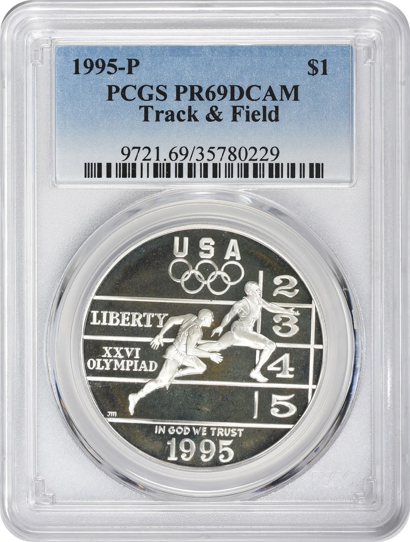 1995-P Olympic Silver Commemorative Dollar PR69DCAM PCGS Proof: 1995-P Olympic Silver Commemorative Dollar PR69DCAM PCGS Proof Celebrate the spirit of the 1995 Track & Field Olympic Games with this stunning Silver Commemorative Dollar. Graded PR69DCAM by PCGS, thi
