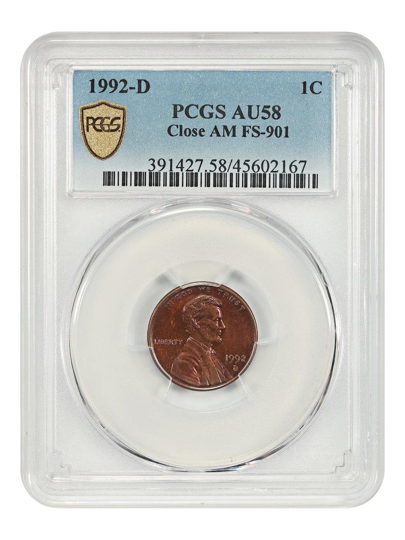 1992-D Lincoln Cent Close AM Variety PCGS AU58 FS-901: 1992-D Lincoln Cent Close AM Variety PCGS AU58 FS-901 This 1992-D Lincoln Cent features the rare Close AM (FS-901) variety, where the letters 'A' and 'M' in 'AMERICA' are very close together, a featur