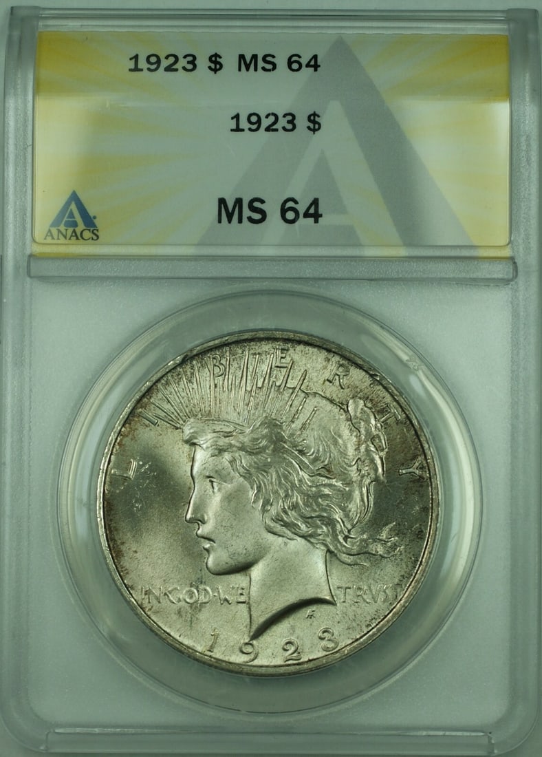 1923 ANACS MS-64 Peace Dollar Philadelphia Uncirculated Silver $1 Coin: 1923 ANACS MS-64 Peace Dollar Philadelphia Uncirculated Silver $1 Coin This is a 1923 Peace Silver Dollar $1 coin from the United States, certified by ANACS with a grade of MS-64. Minted in Philadelph
