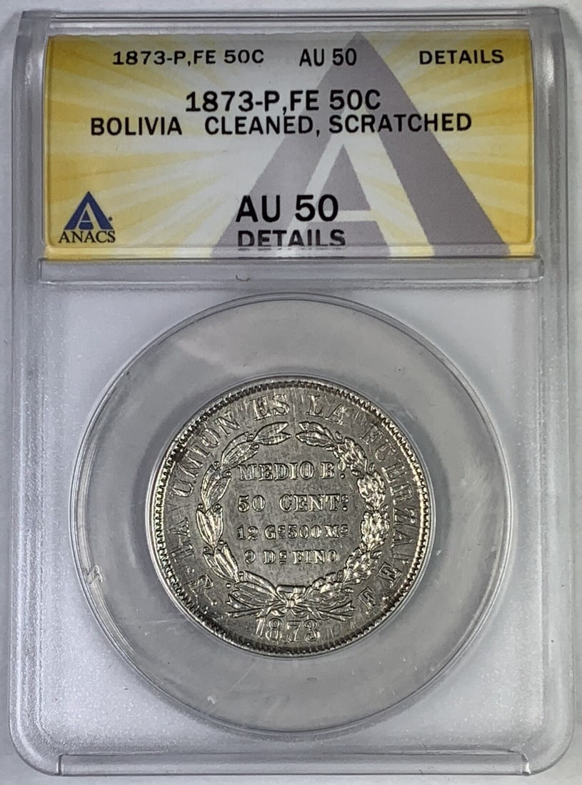 Bolivia 1873 50 Centavos Coin ANACS AU 50 Certified: Bolivia 1873 50 Centavos Coin ANACS AU 50 Certified This is a 50 Centavos coin from Bolivia, dated 1873. The coin has been certified by ANACS with a grade of AU 50. It is a pre-owned collectible. Spec