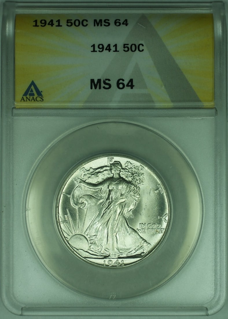 ANACS MS-64 1941 Liberty Walking Silver 50C Coin Uncirculated: ANACS MS-64 1941 Liberty Walking Silver 50C Coin Uncirculated This 1941 Walking Liberty Half Dollar is composed of 90% silver and was minted in Philadelphia. Certified by ANACS with a grade of MS-64, 