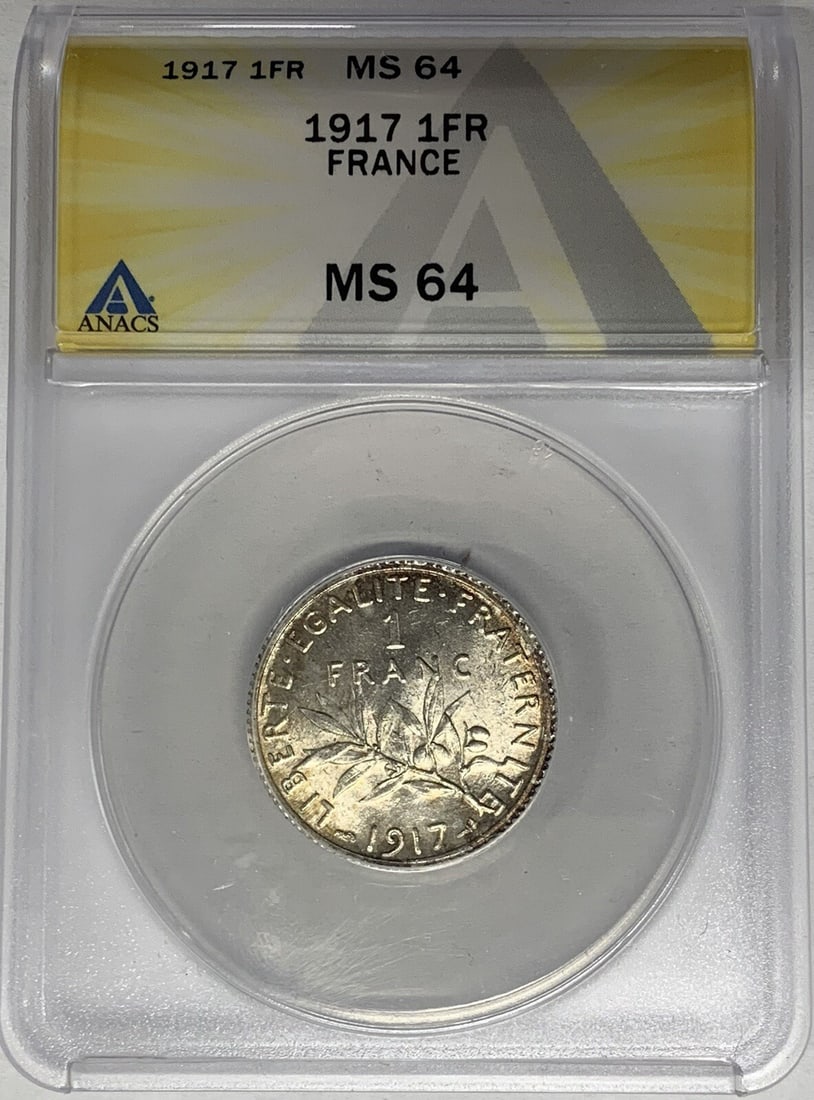 1917 Silver France 1 Franc Coin ANACS MS 64 Certified: 1917 Silver France 1 Franc Coin ANACS MS 64 Certified This is a 1917 France 1 Franc coin certified by ANACS with a grade of MS 64. The coin is made of silver and is uncirculated, originating from Fran