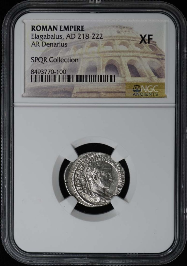 NGC XF40 Roman Silver Denarius Coin of Elagabalus: NGC XF40 Roman Silver Denarius Coin of Elagabalus This Roman Empire AR Denarius coin dates from the reign of Elagabalus, AD 218-222. Certified and graded XF (Extremely Fine) by NGC, this pre-owned coi