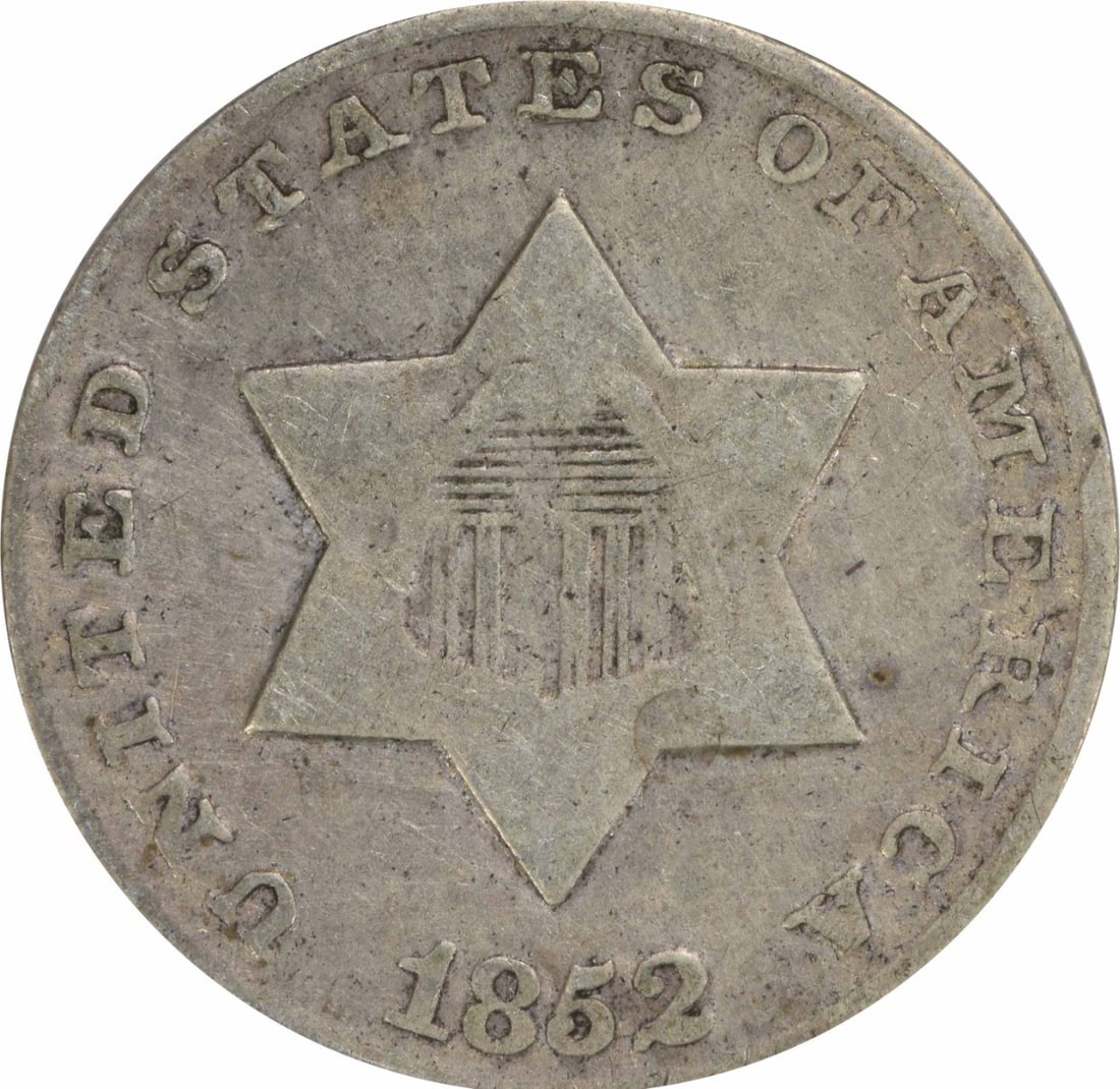 1852 Three Cent Silver Coin Uncertified US Mint Philadelphia: 1852 Three Cent Silver Coin Uncertified US Mint Philadelphia This 1852 Three Cent Silver coin, originating from the United States, features a denomination of three cents and has been circulated. It is
