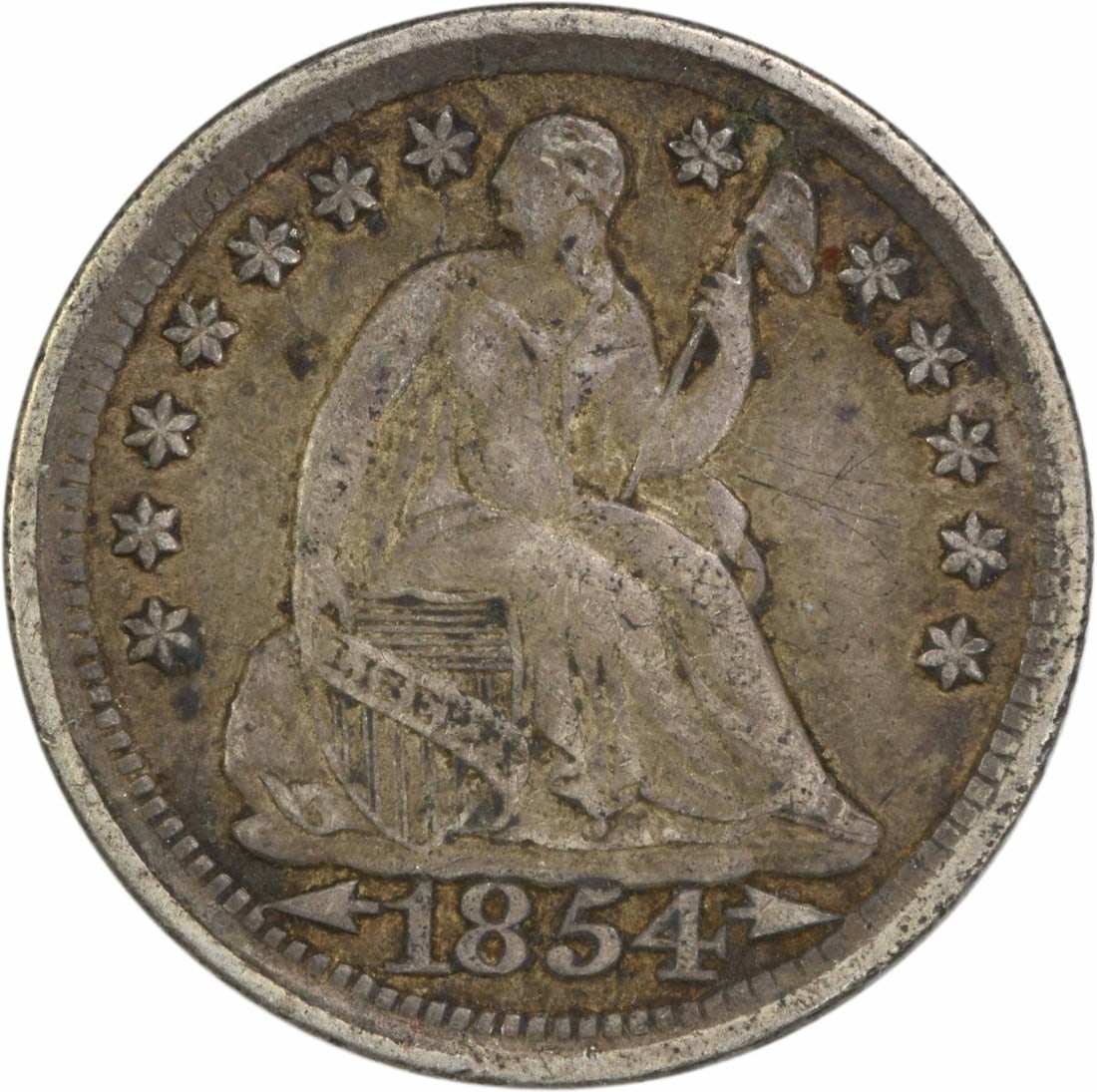 1854 Liberty Seated Silver Half Dime EF Uncertified: 1854 Liberty Seated Silver Half Dime EF Uncertified This 1854 Liberty Seated Silver Half Dime, minted in Philadelphia, is a beautiful example of American coinage. Featuring a design by Christian Gobre