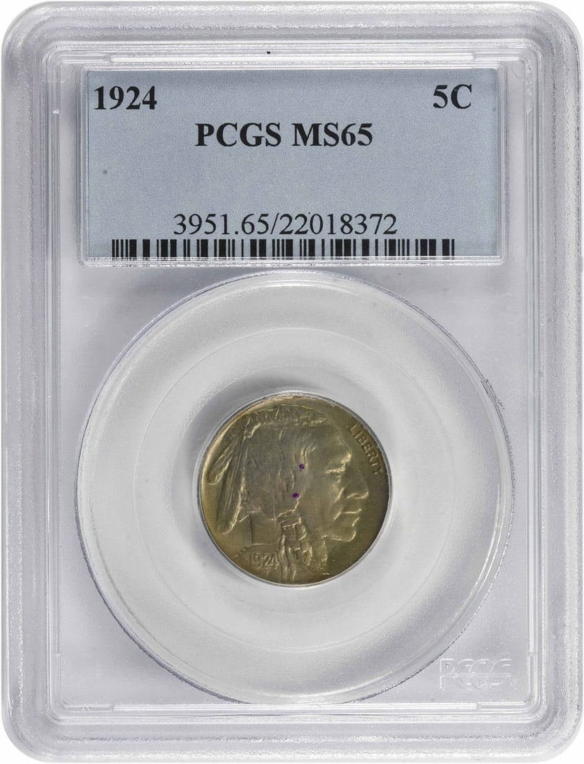 1924 Buffalo Nickel MS65 PCGS James Earle Fraser Design: 1924 Buffalo Nickel MS65 PCGS James Earle Fraser Design This 1924 Buffalo Nickel is graded MS65 by PCGS, signifying its uncirculated condition. Minted in Philadelphia, this coin features a design by J