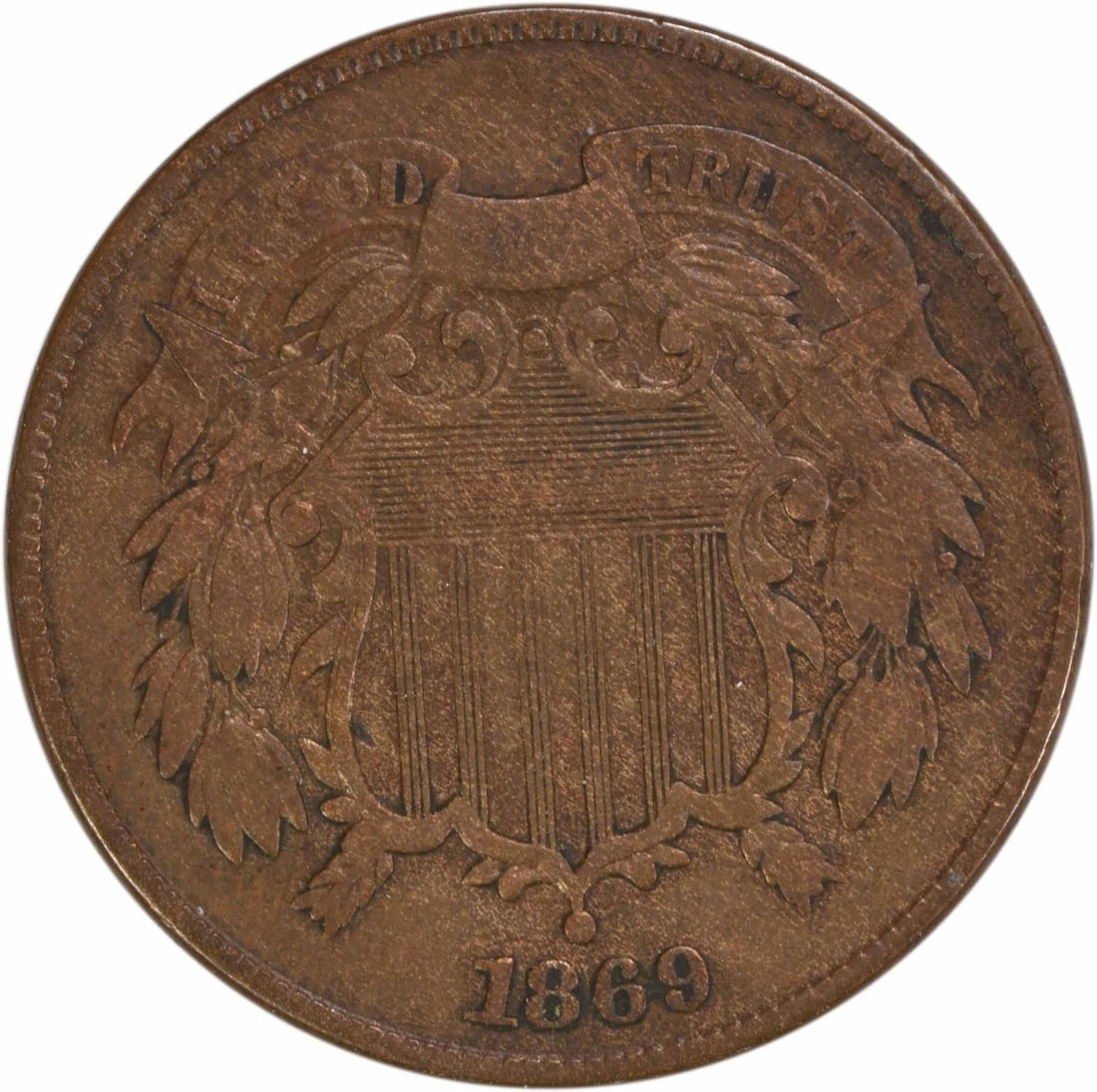 1869 Two Cent Piece Bronze VF Circulated Coin: 1869 Two Cent Piece Bronze VF Circulated Coin This 1869 Two Cent Piece is a remarkable example from the Philadelphia Mint, showcasing a striking design by renowned engraver James Barton Longacre. With
