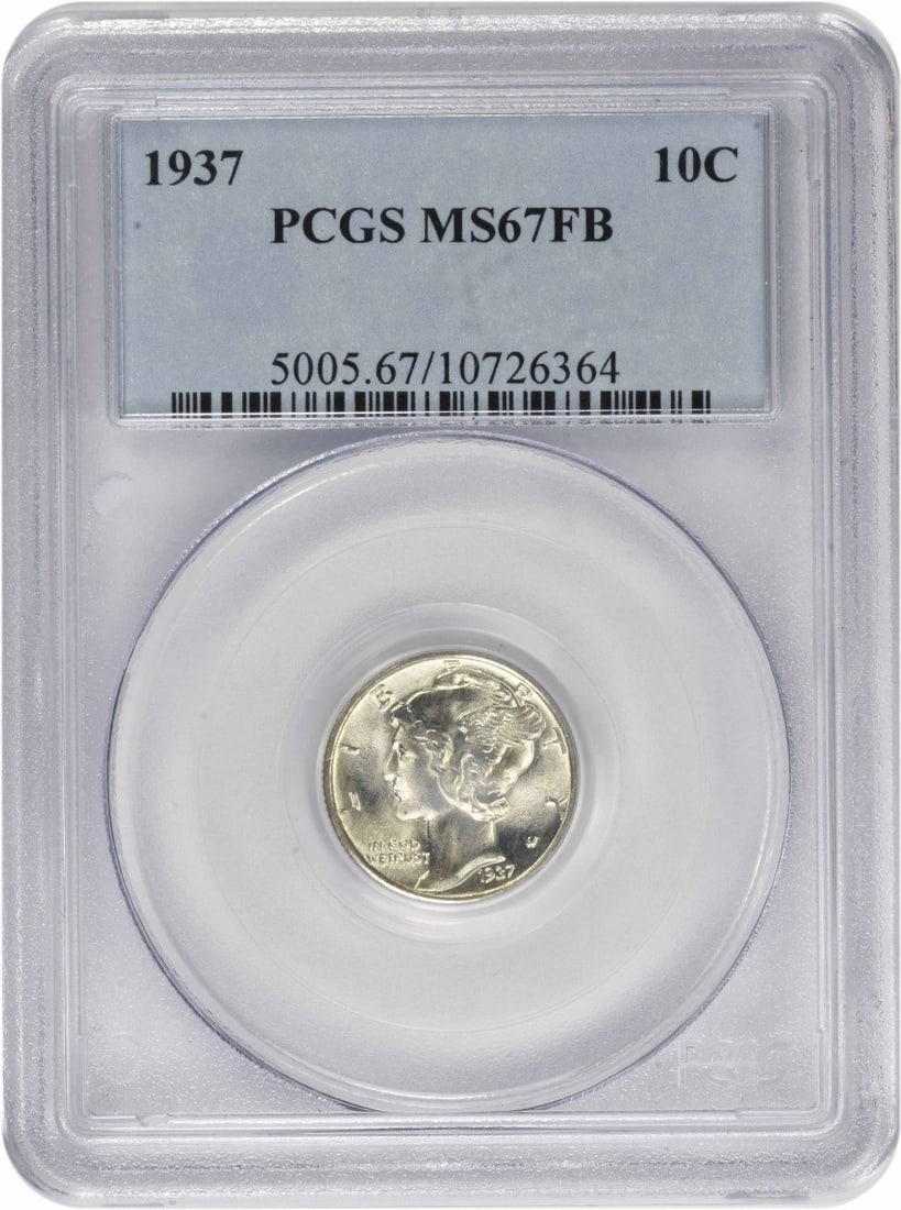 1937-P Mercury Dime MS67FB PCGS 90% Silver Uncirculated: 1937-P Mercury Dime MS67FB PCGS 90% Silver Uncirculated This 1937-P Mercury Silver Dime is a stunning example of numismatic artistry, certified by PCGS with a remarkable grade of MS67FB. Struck in Phi